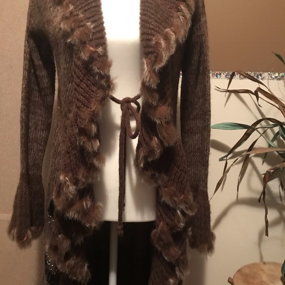 Long Sweater Cover-up Faux Fur Leather &  beads - Picture 6 of 14